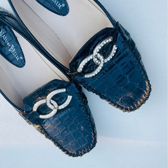 Black Patent Faux Leather Crocodile Flat Loafer, Silver Buckle Size 8 - Picture 2 of 6